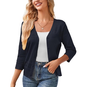 GRACE KARIN Women’s Cropped Cardigans Lightweight Shrugs | Summer 3/4 Sleeve Crochet Tops, 2026 Hollowed-Out Knit Sweater, Dressy Casual Solid Color Cardigan(Dark Blue)