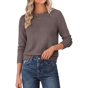 GRACE KARIN Womens Fall Sweaters Crew Neck Cropped Cozy Sweater for Women Business Casual Scalloped Knit Pullover Tops(Coffee)