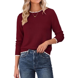GRACE KARIN Womens Fall Sweaters Crew Neck Cropped Cozy Sweater for Women Business Casual Scalloped Knit Pullover Tops(Wine Red)