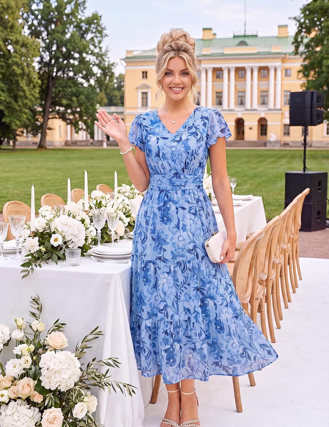 image:imageGRACE KARIN 2026 Women Summer DressMaxi Short Sleeve Floral DressesSemi Formal Flowy Wedding Guest Dress with PocketBlue Flowers