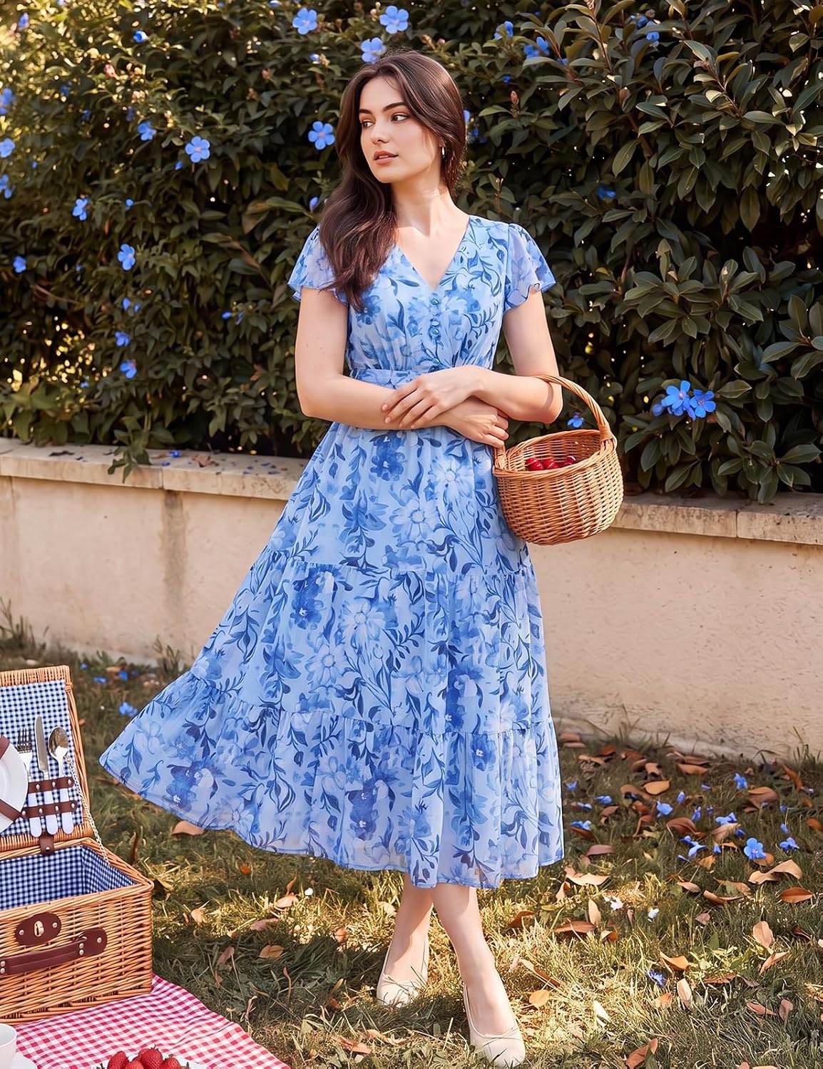 image:imageGRACE KARIN 2026 Women Summer DressMaxi Short Sleeve Floral DressesSemi Formal Flowy Wedding Guest Dress with PocketBlue Flowers