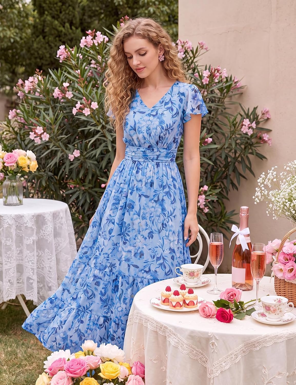 image:imageGRACE KARIN 2026 Women Summer DressMaxi Short Sleeve Floral DressesSemi Formal Flowy Wedding Guest Dress with PocketBlue Flowers