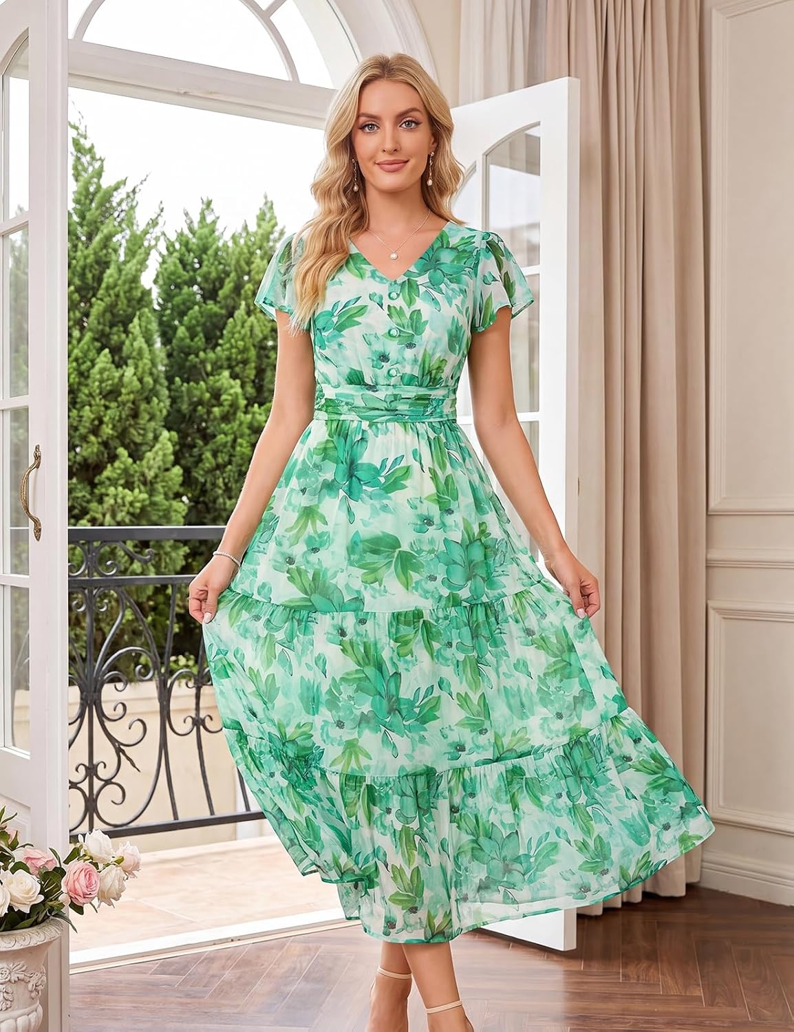 image:imageGRACE KARIN 2026 Women Summer DressMaxi Short Sleeve Floral DressesSemi Formal Flowy Wedding Guest Dress with PocketLight Green Foliage