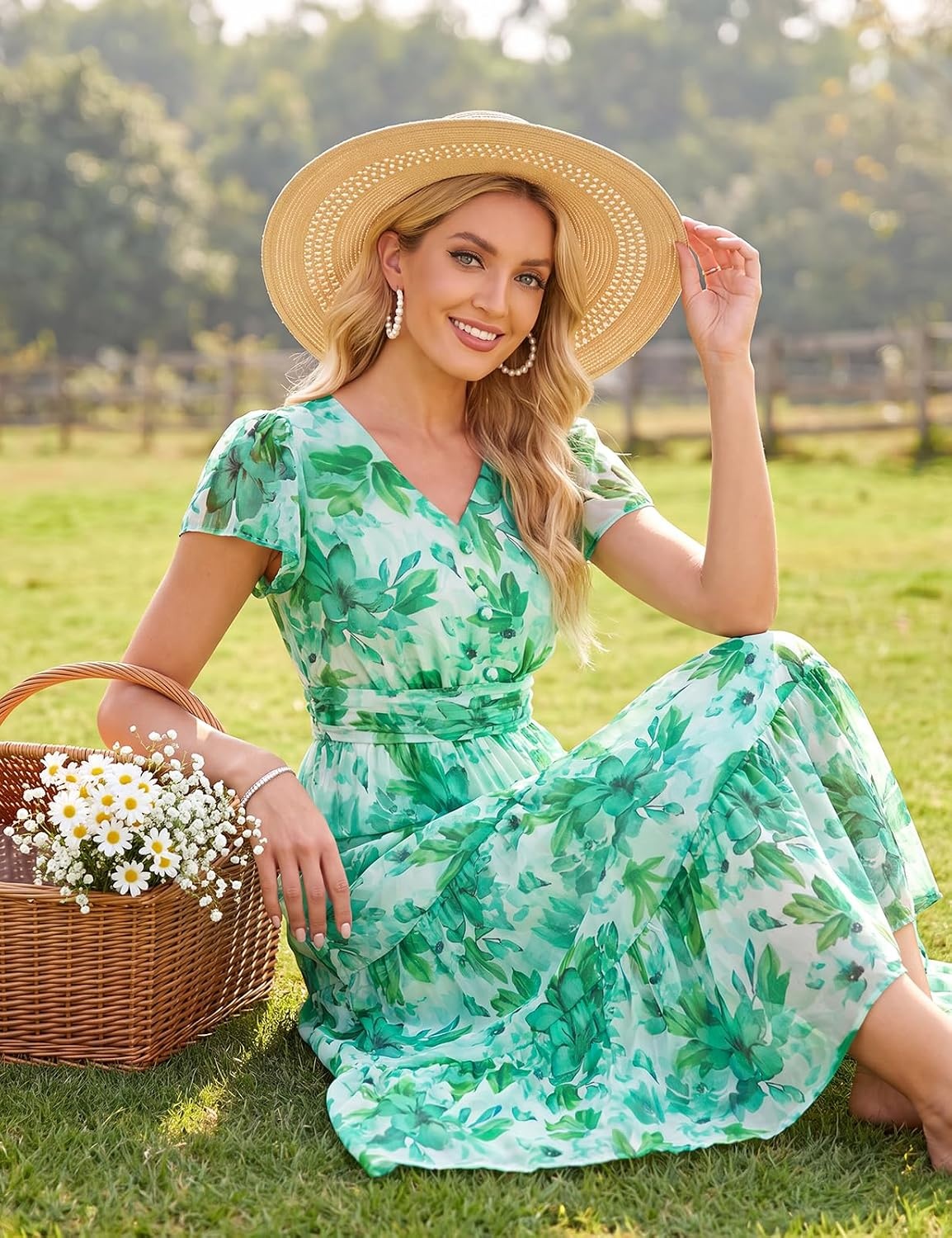 image:imageGRACE KARIN 2026 Women Summer DressMaxi Short Sleeve Floral DressesSemi Formal Flowy Wedding Guest Dress with PocketLight Green Foliage