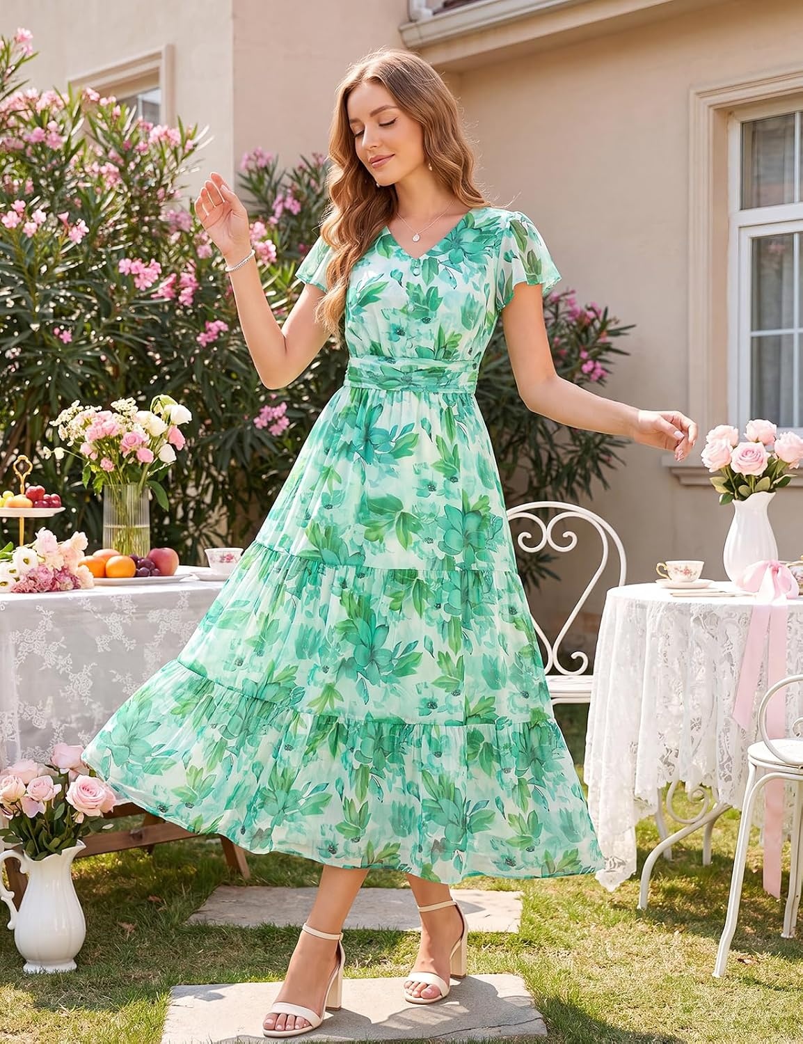 image:imageGRACE KARIN 2026 Women Summer DressMaxi Short Sleeve Floral DressesSemi Formal Flowy Wedding Guest Dress with PocketLight Green Foliage