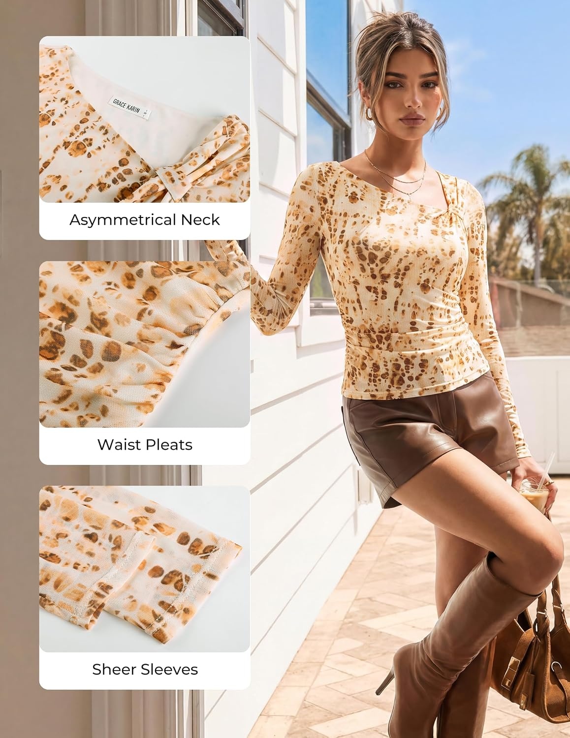 image:imageGRACE KARIN 2026 Womens Mesh Boho Tops Dressy Casual Blouses Fall Clothes Long Sleeve Shirts Floral Top Asymmetrical Ruched Slim Fit Going Out Y2k Fashion TrendyOrange Brown