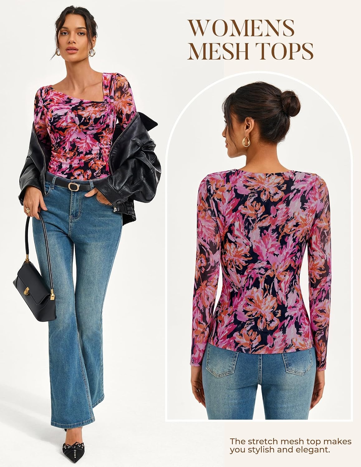 image:imageGRACE KARIN 2026 Womens Mesh Boho Tops Dressy Casual Blouses Fall Clothes Long Sleeve Shirts Floral Top Asymmetrical Ruched Slim Fit Going Out Y2k Fashion TrendyPink Rose