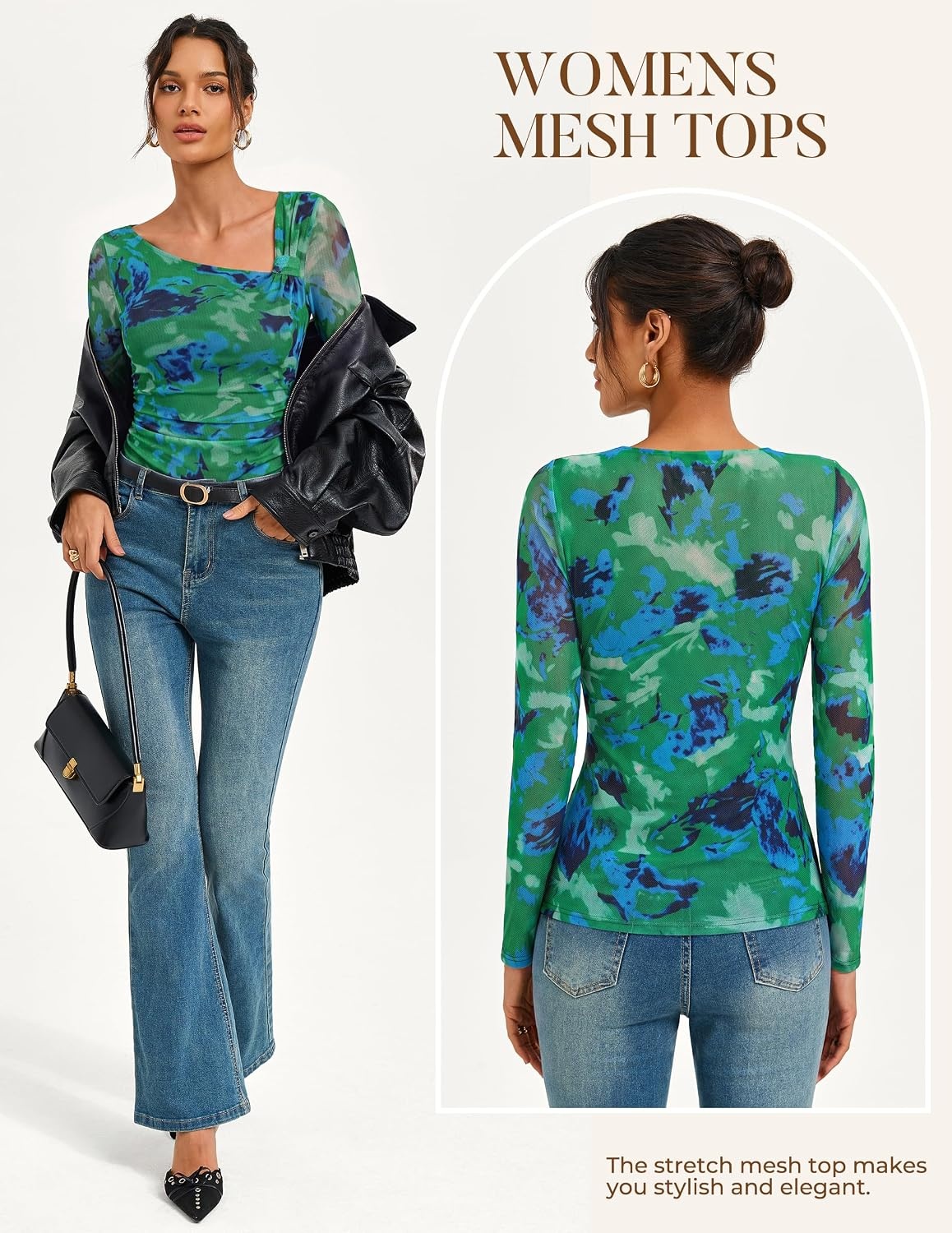 image:imageGRACE KARIN 2026 Womens Mesh Boho Tops Dressy Casual Blouses Fall Clothes Long Sleeve Shirts Floral Top Asymmetrical Ruched Slim Fit Going Out Y2k Fashion TrendyBlue Green