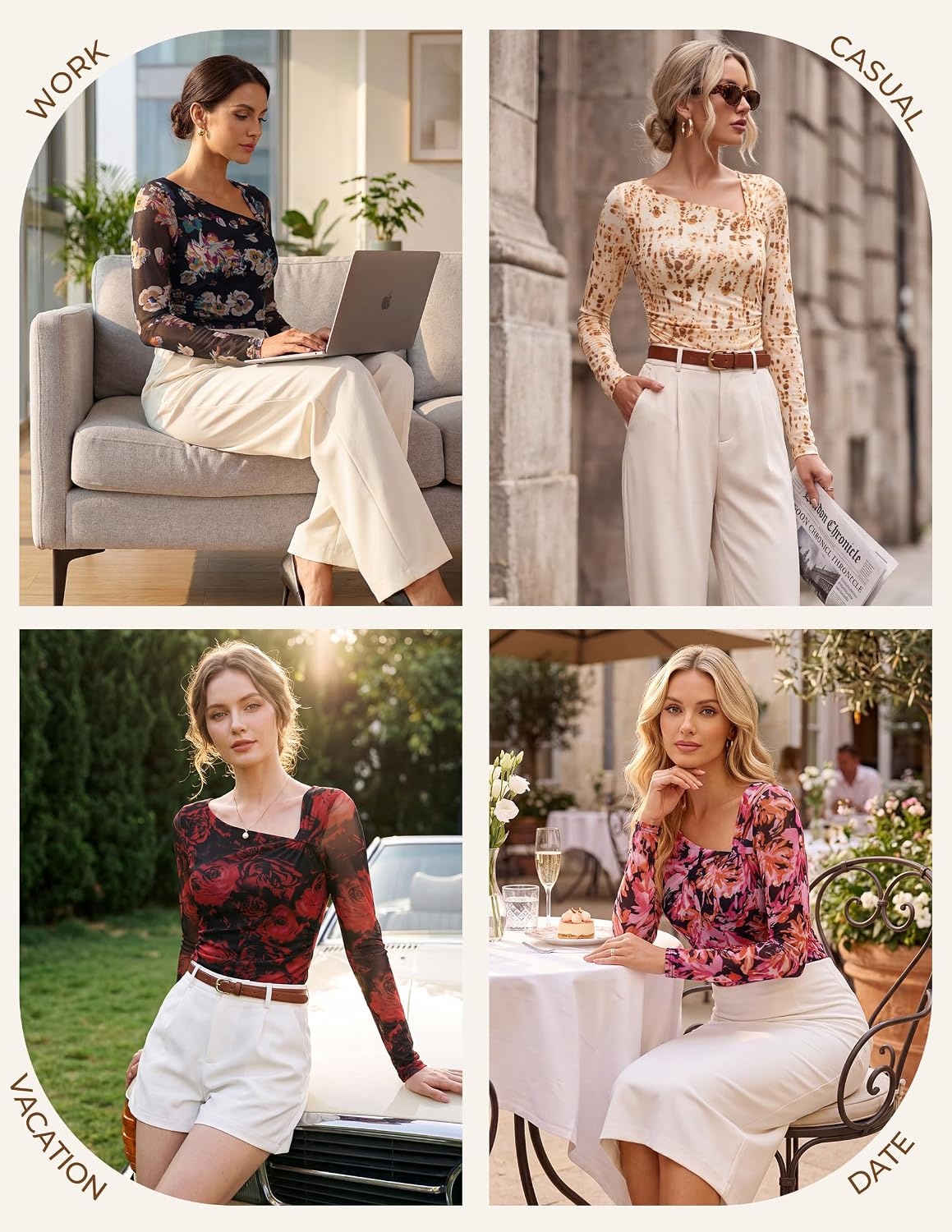 image:imageGRACE KARIN 2026 Womens Mesh Boho Tops Dressy Casual Blouses Fall Clothes Long Sleeve Shirts Floral Top Asymmetrical Ruched Slim Fit Going Out Y2k Fashion TrendyOrange Brown