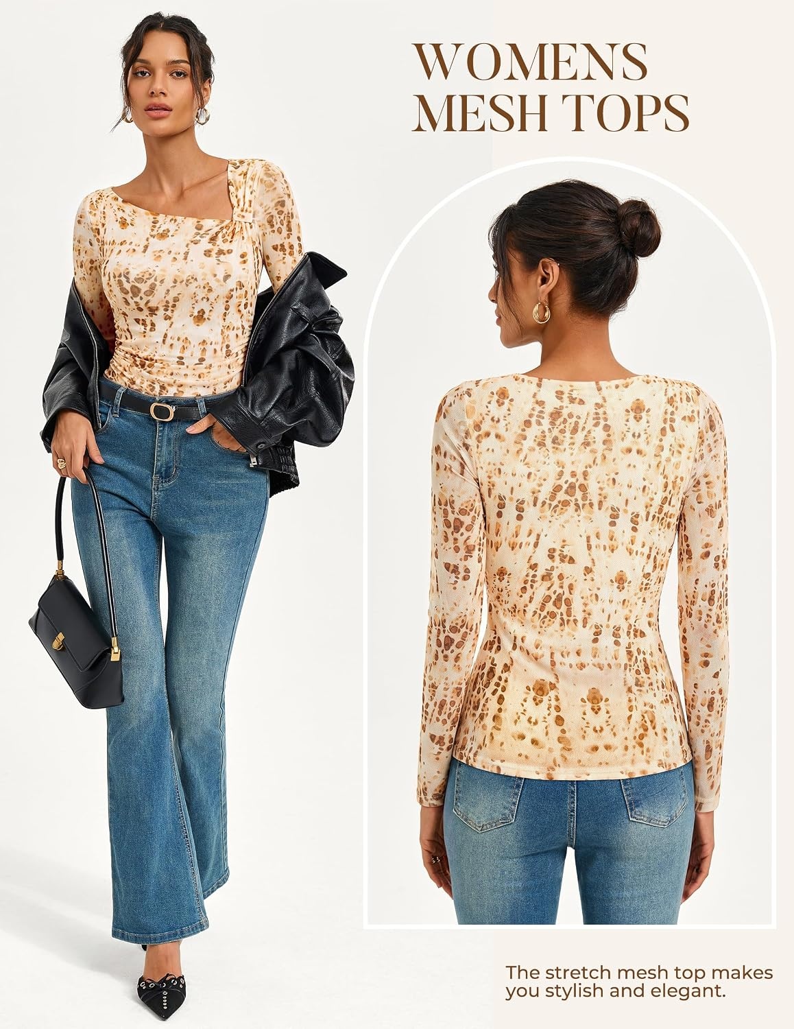 image:imageGRACE KARIN 2026 Womens Mesh Boho Tops Dressy Casual Blouses Fall Clothes Long Sleeve Shirts Floral Top Asymmetrical Ruched Slim Fit Going Out Y2k Fashion TrendyOrange Brown