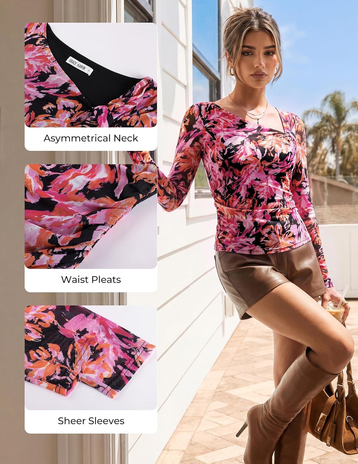 image:imageGRACE KARIN 2026 Womens Mesh Boho Tops Dressy Casual Blouses Fall Clothes Long Sleeve Shirts Floral Top Asymmetrical Ruched Slim Fit Going Out Y2k Fashion TrendyPink Rose
