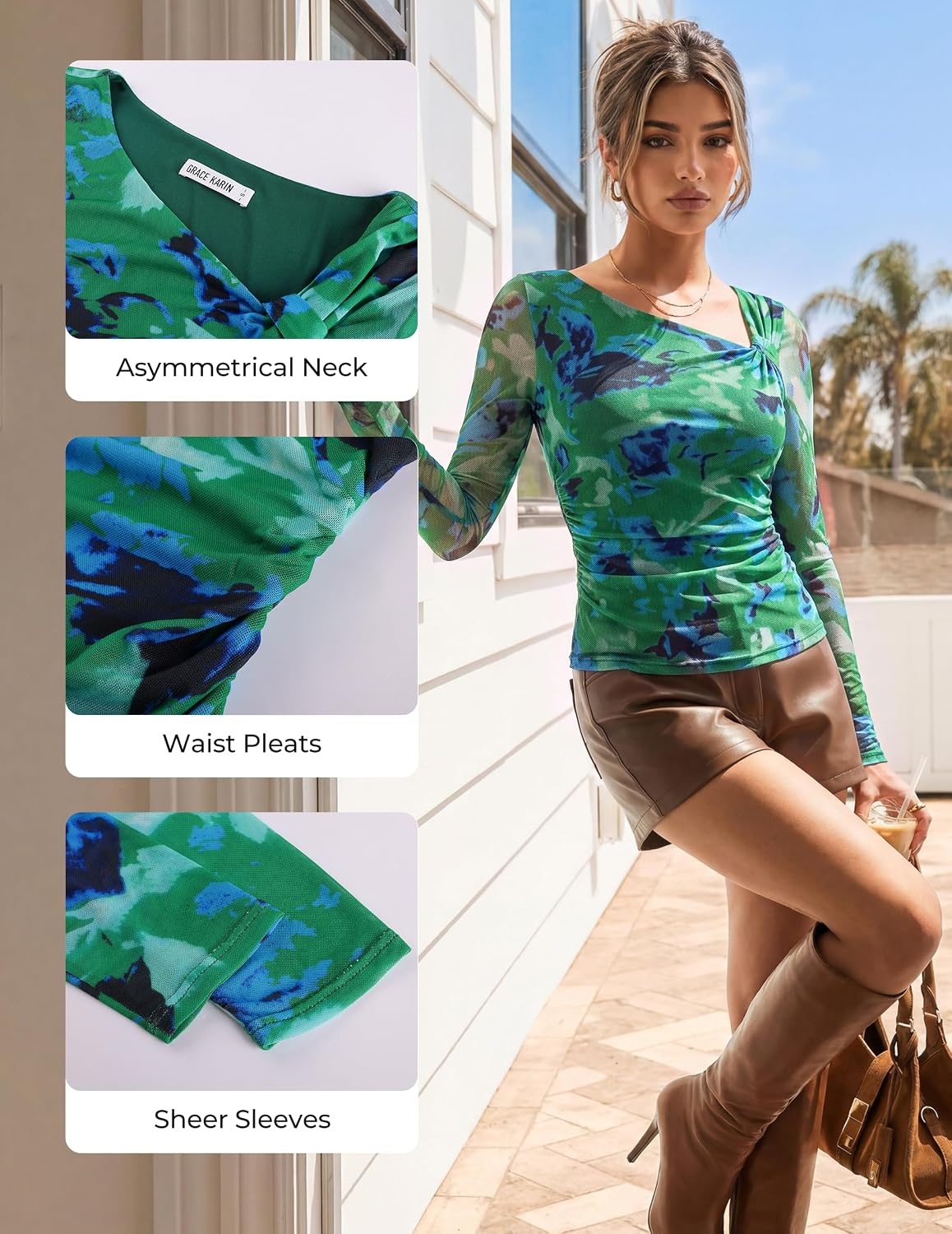 image:imageGRACE KARIN 2026 Womens Mesh Boho Tops Dressy Casual Blouses Fall Clothes Long Sleeve Shirts Floral Top Asymmetrical Ruched Slim Fit Going Out Y2k Fashion TrendyBlue Green