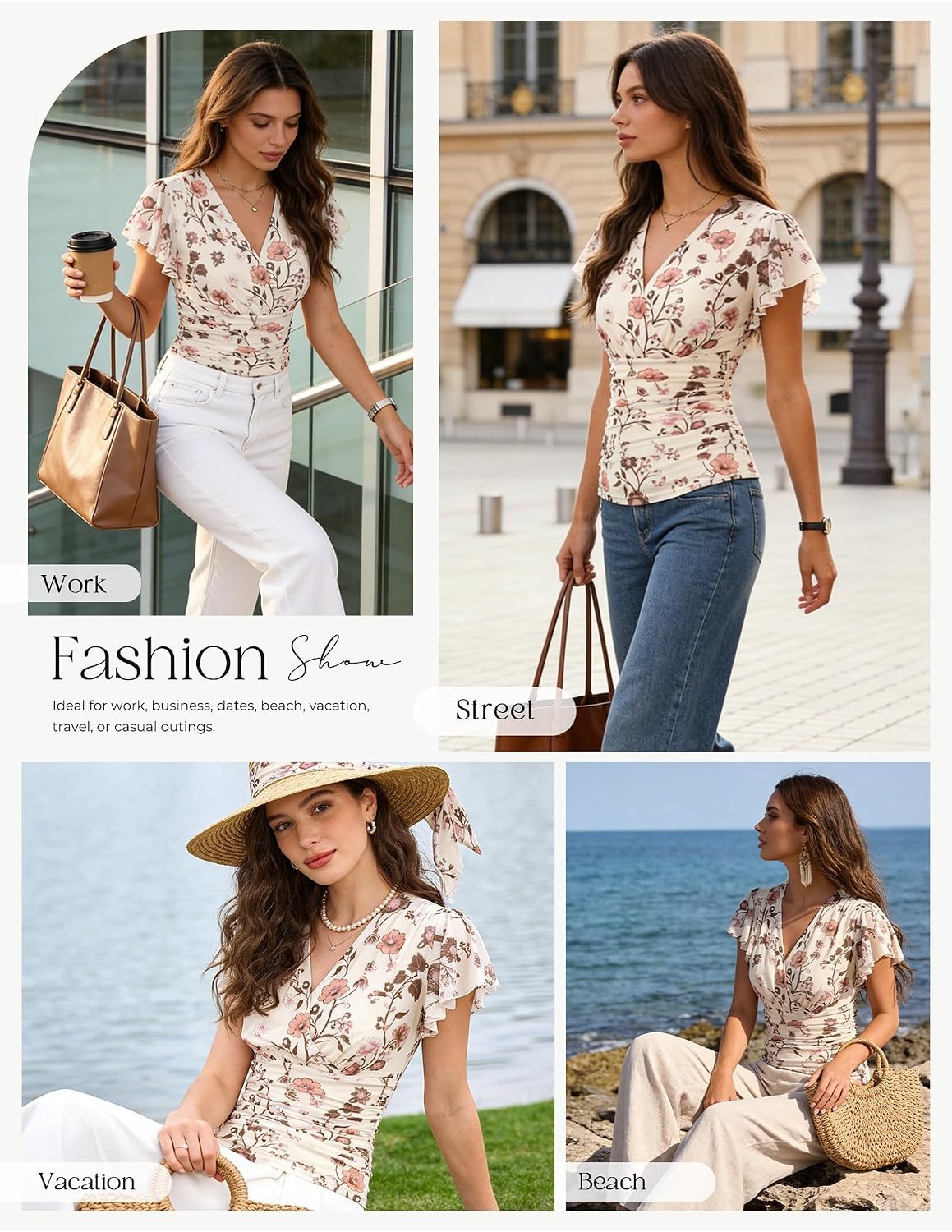 image:imageGRACE KARIN 2026 Womens Mesh Tops Dressy Casual Boho Blouses V Neck Short Sleeve Ruffle Sleeve Wrap Ruch Floral Work Business Office Dating PartyBeige
