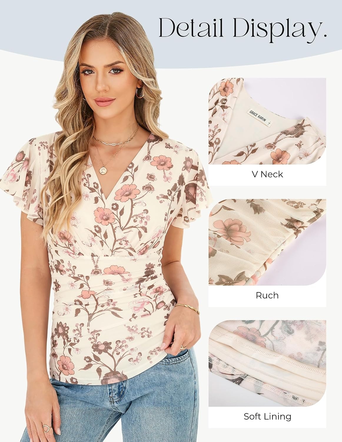 image:imageGRACE KARIN 2026 Womens Mesh Tops Dressy Casual Boho Blouses V Neck Short Sleeve Ruffle Sleeve Wrap Ruch Floral Work Business Office Dating PartyBeige