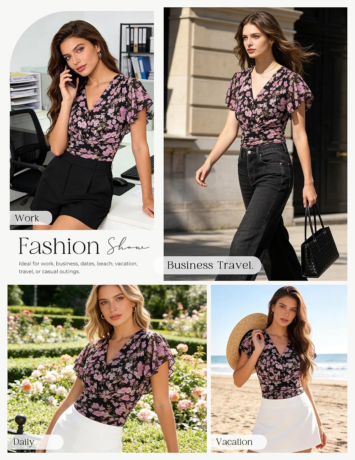 image:imageGRACE KARIN 2026 Womens Mesh Tops Dressy Casual Boho Blouses V Neck Short Sleeve Ruffle Sleeve Wrap Ruch Floral Work Business Office Dating PartyBlack Purple