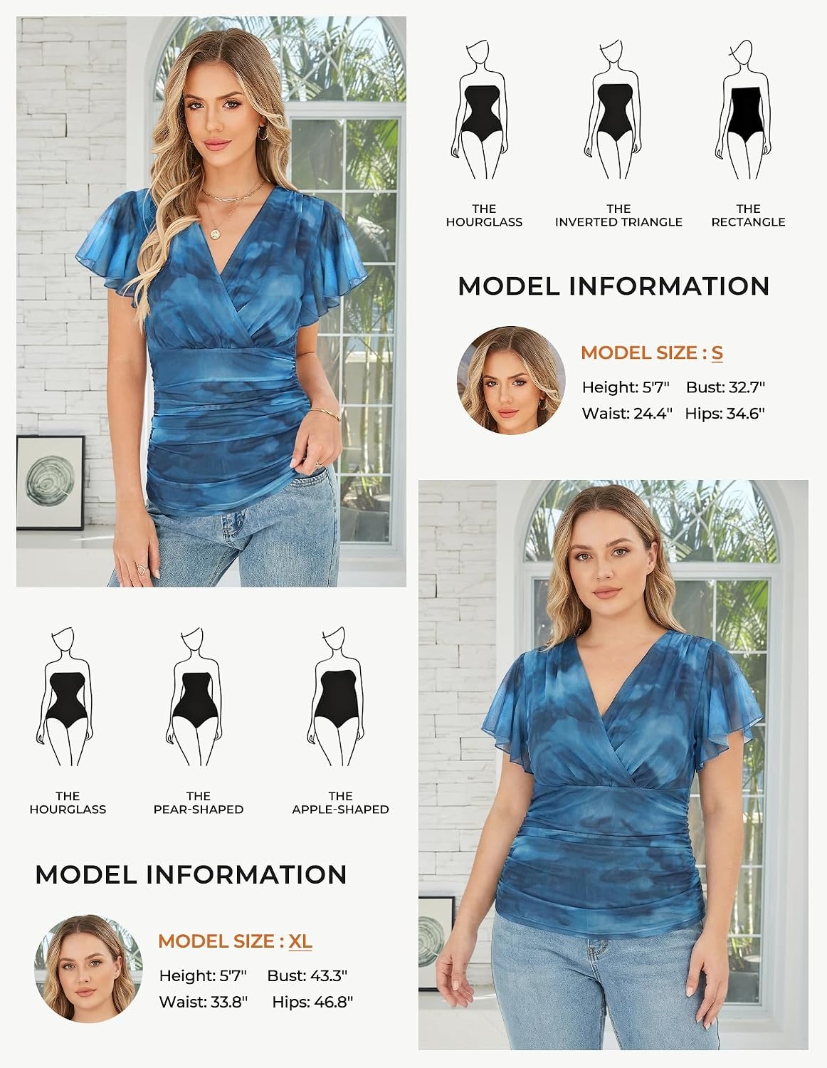 image:imageGRACE KARIN 2026 Womens Mesh Tops Dressy Casual Boho Blouses V Neck Short Sleeve Ruffle Sleeve Wrap Ruch Floral Work Business Office Dating PartyBlue