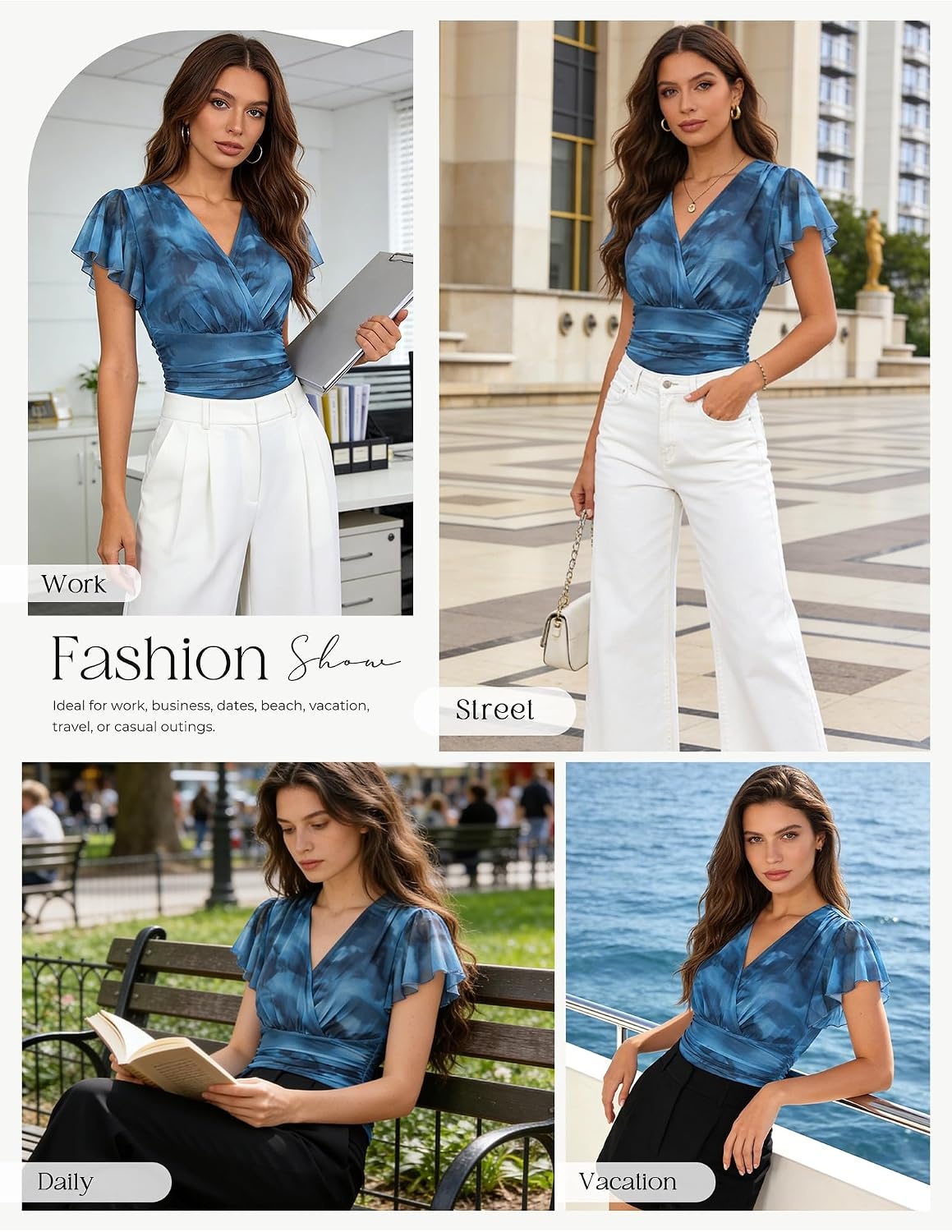 image:imageGRACE KARIN 2026 Womens Mesh Tops Dressy Casual Boho Blouses V Neck Short Sleeve Ruffle Sleeve Wrap Ruch Floral Work Business Office Dating PartyBlue