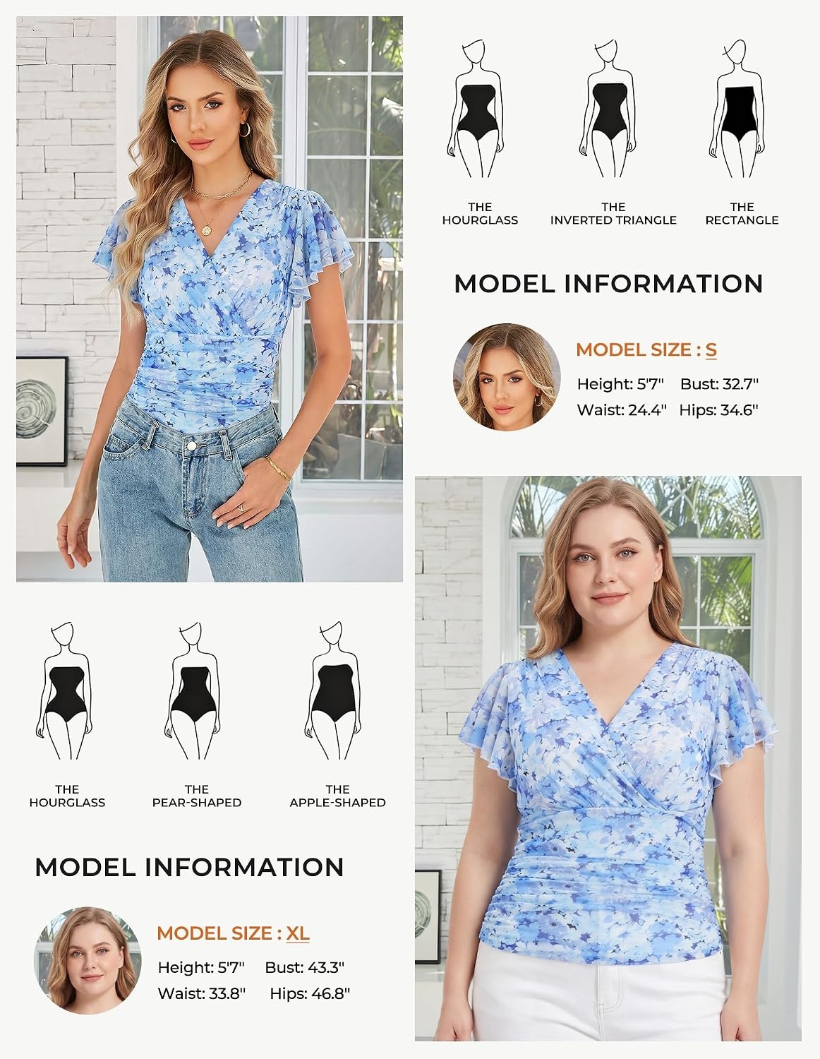 image:imageGRACE KARIN 2026 Womens Mesh Tops Dressy Casual Boho Blouses V Neck Short Sleeve Ruffle Sleeve Wrap Ruch Floral Work Business Office Dating PartyBlue Floral
