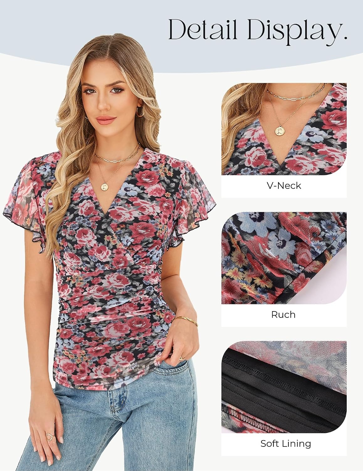 image:imageGRACE KARIN 2026 Womens Mesh Tops Dressy Casual Boho Blouses V Neck Short Sleeve Ruffle Sleeve Wrap Ruch Floral Work Business Office Dating PartyFloral