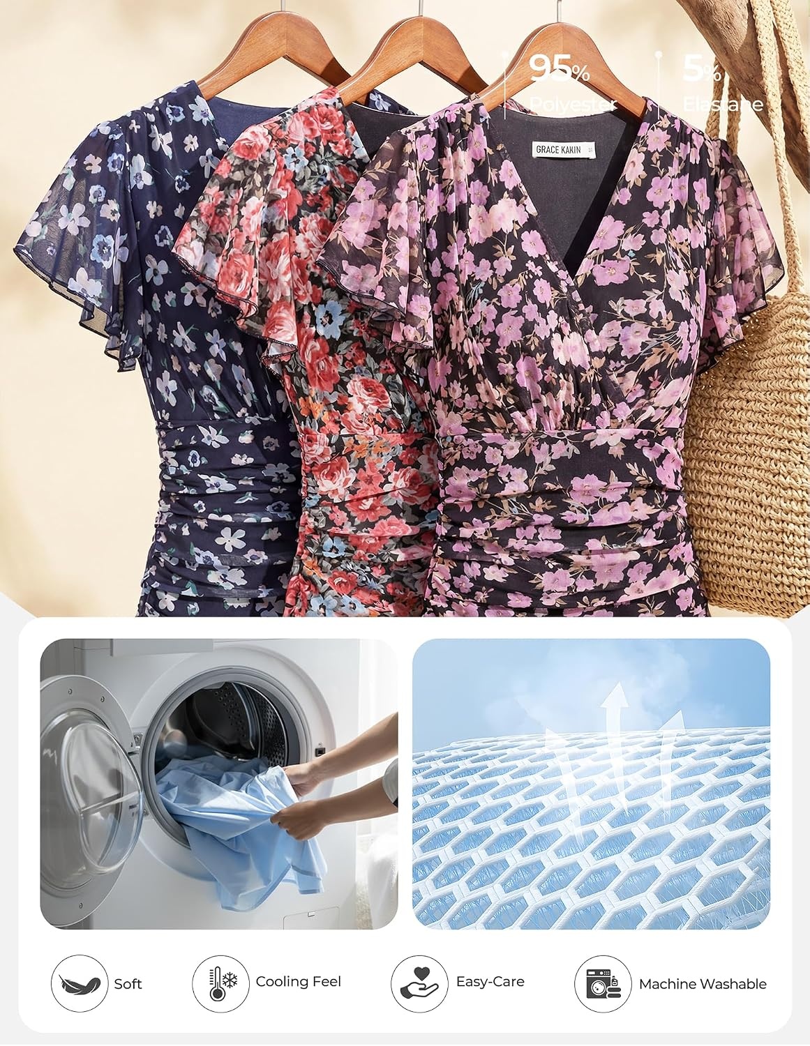 image:imageGRACE KARIN 2026 Womens Mesh Tops Dressy Casual Boho Blouses V Neck Short Sleeve Ruffle Sleeve Wrap Ruch Floral Work Business Office Dating PartyFloral