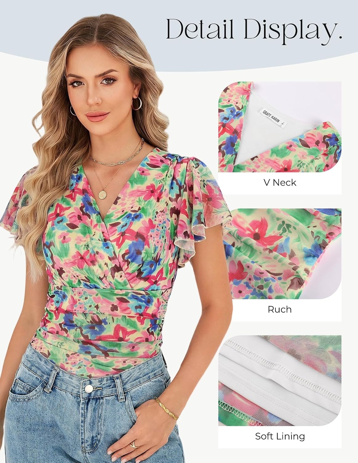 image:imageGRACE KARIN 2026 Womens Mesh Tops Dressy Casual Boho Blouses V Neck Short Sleeve Ruffle Sleeve Wrap Ruch Floral Work Business Office Dating PartyGreen Pink