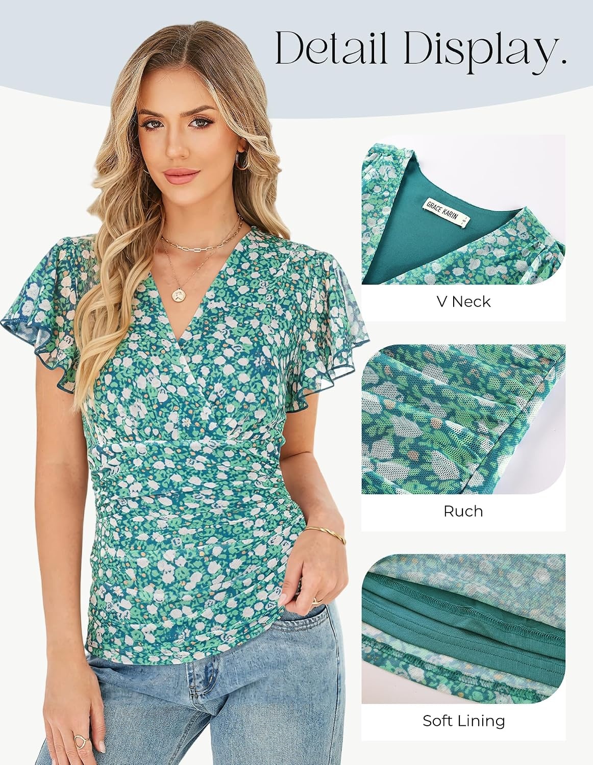 image:imageGRACE KARIN 2026 Womens Mesh Tops Dressy Casual Boho Blouses V Neck Short Sleeve Ruffle Sleeve Wrap Ruch Floral Work Business Office Dating PartyGreen White