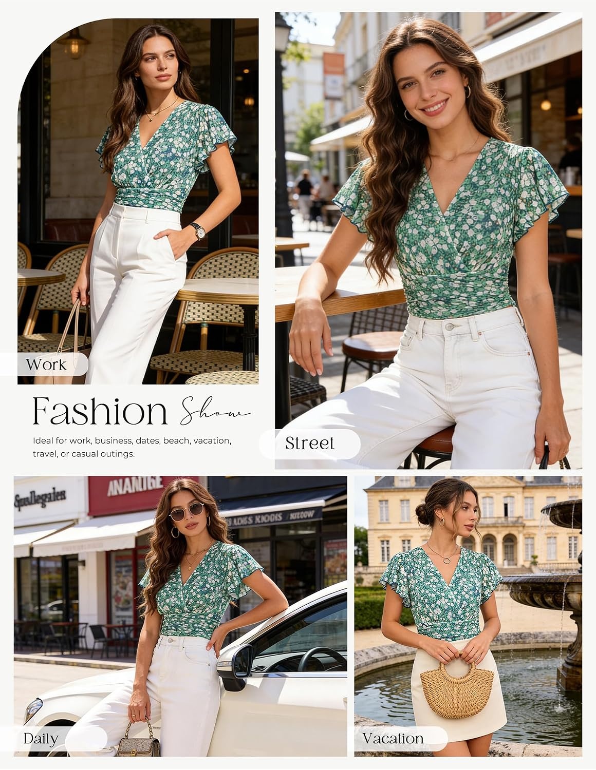 image:imageGRACE KARIN 2026 Womens Mesh Tops Dressy Casual Boho Blouses V Neck Short Sleeve Ruffle Sleeve Wrap Ruch Floral Work Business Office Dating PartyGreen White