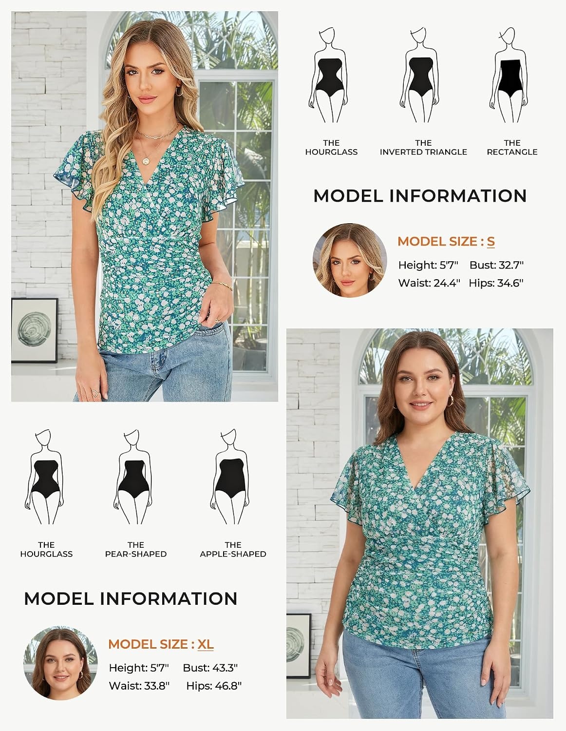 image:imageGRACE KARIN 2026 Womens Mesh Tops Dressy Casual Boho Blouses V Neck Short Sleeve Ruffle Sleeve Wrap Ruch Floral Work Business Office Dating PartyGreen White