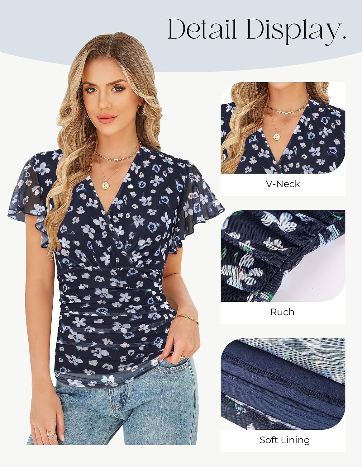 image:imageGRACE KARIN 2026 Womens Mesh Tops Dressy Casual Boho Blouses V Neck Short Sleeve Ruffle Sleeve Wrap Ruch Floral Work Business Office Dating PartyNavy Floral
