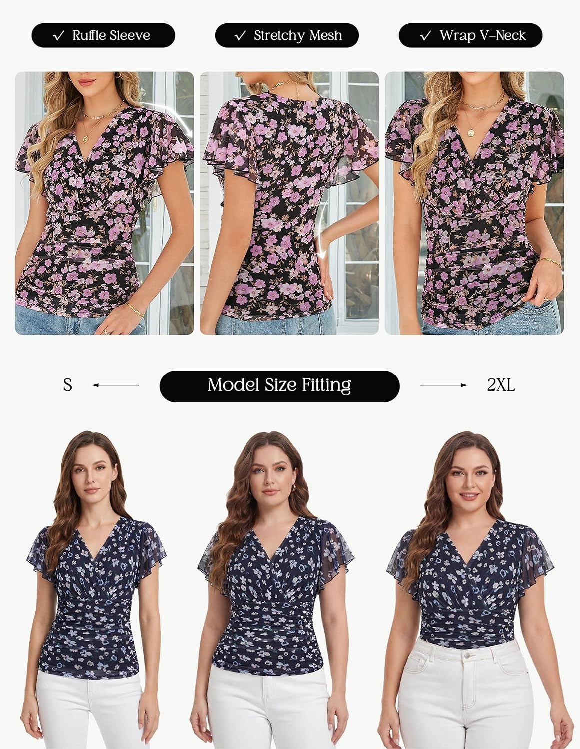 image:imageGRACE KARIN 2026 Womens Mesh Tops Dressy Casual Boho Blouses V Neck Short Sleeve Ruffle Sleeve Wrap Ruch Floral Work Business Office Dating PartyNavy Floral