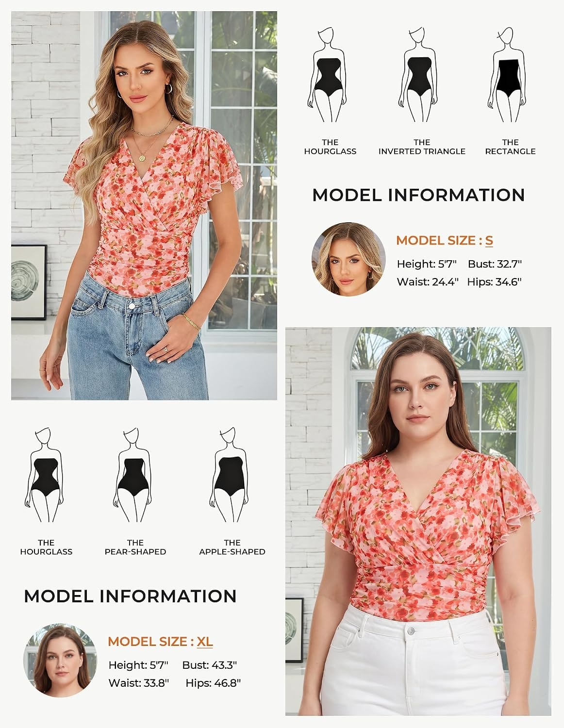 image:imageGRACE KARIN 2026 Womens Mesh Tops Dressy Casual Boho Blouses V Neck Short Sleeve Ruffle Sleeve Wrap Ruch Floral Work Business Office Dating PartyOrange Floral
