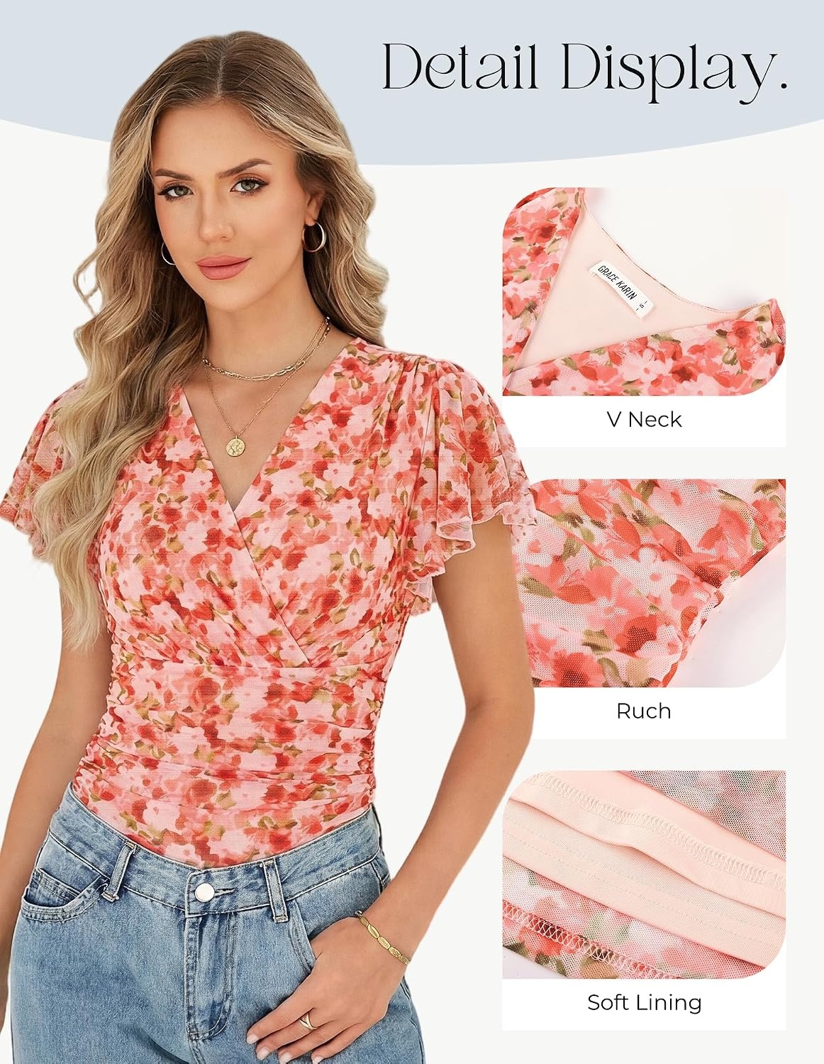image:imageGRACE KARIN 2026 Womens Mesh Tops Dressy Casual Boho Blouses V Neck Short Sleeve Ruffle Sleeve Wrap Ruch Floral Work Business Office Dating PartyOrange Floral