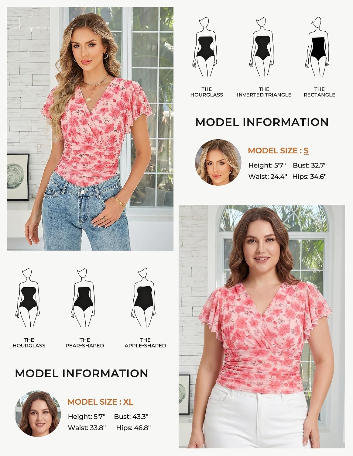 image:imageGRACE KARIN 2026 Womens Mesh Tops Dressy Casual Boho Blouses V Neck Short Sleeve Ruffle Sleeve Wrap Ruch Floral Work Business Office Dating PartyPink Red