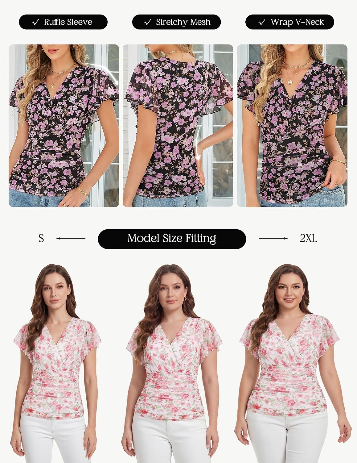 image:imageGRACE KARIN 2026 Womens Mesh Tops Dressy Casual Boho Blouses V Neck Short Sleeve Ruffle Sleeve Wrap Ruch Floral Work Business Office Dating PartyPink White