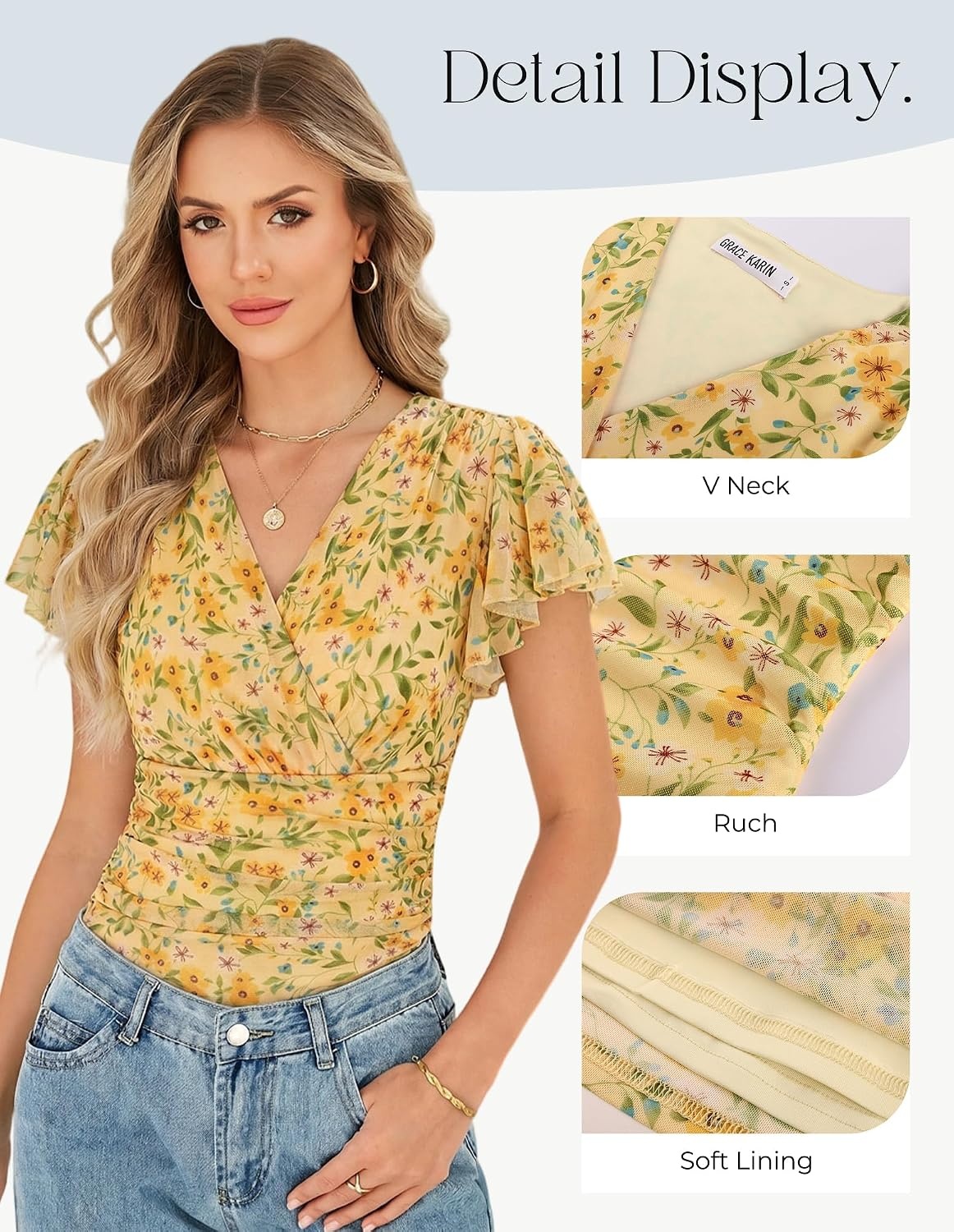 image:imageGRACE KARIN 2026 Womens Mesh Tops Dressy Casual Boho Blouses V Neck Short Sleeve Ruffle Sleeve Wrap Ruch Floral Work Business Office Dating PartyYellow Flower