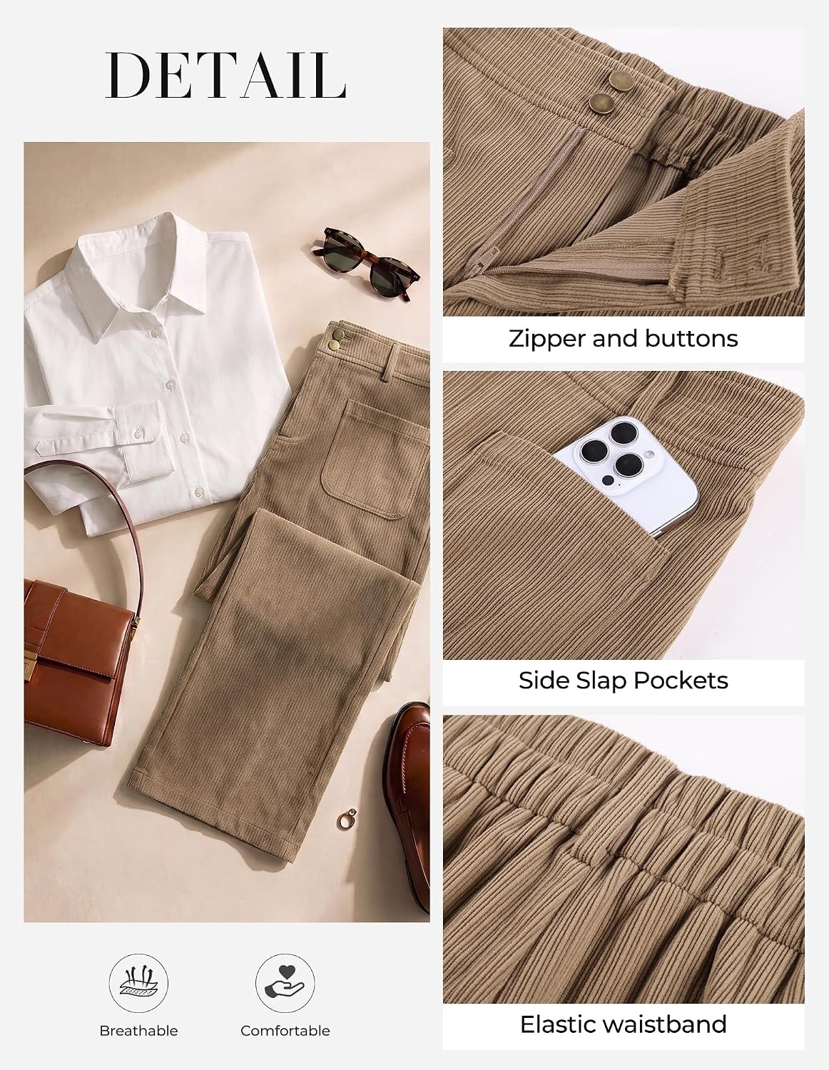image:imageGRACE KARIN Casual Corduroy Pants for Women 2026 Pencil Trousers Anklelength Cropped High Elastic Waisted Fall Winter Business Office Work Teacher Comfy DoubleButton FlyKhaki