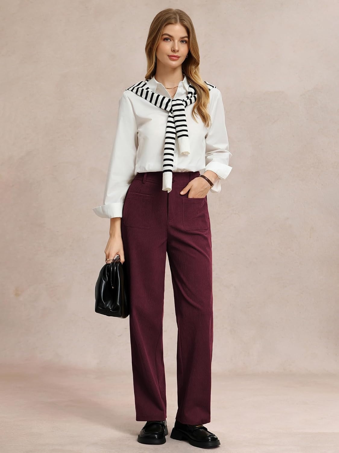 image:imageGRACE KARIN Casual Corduroy Pants for Women 2026 Pencil Trousers Anklelength Cropped High Elastic Waisted Fall Winter Business Office Work Teacher Comfy DoubleButton FlyWine