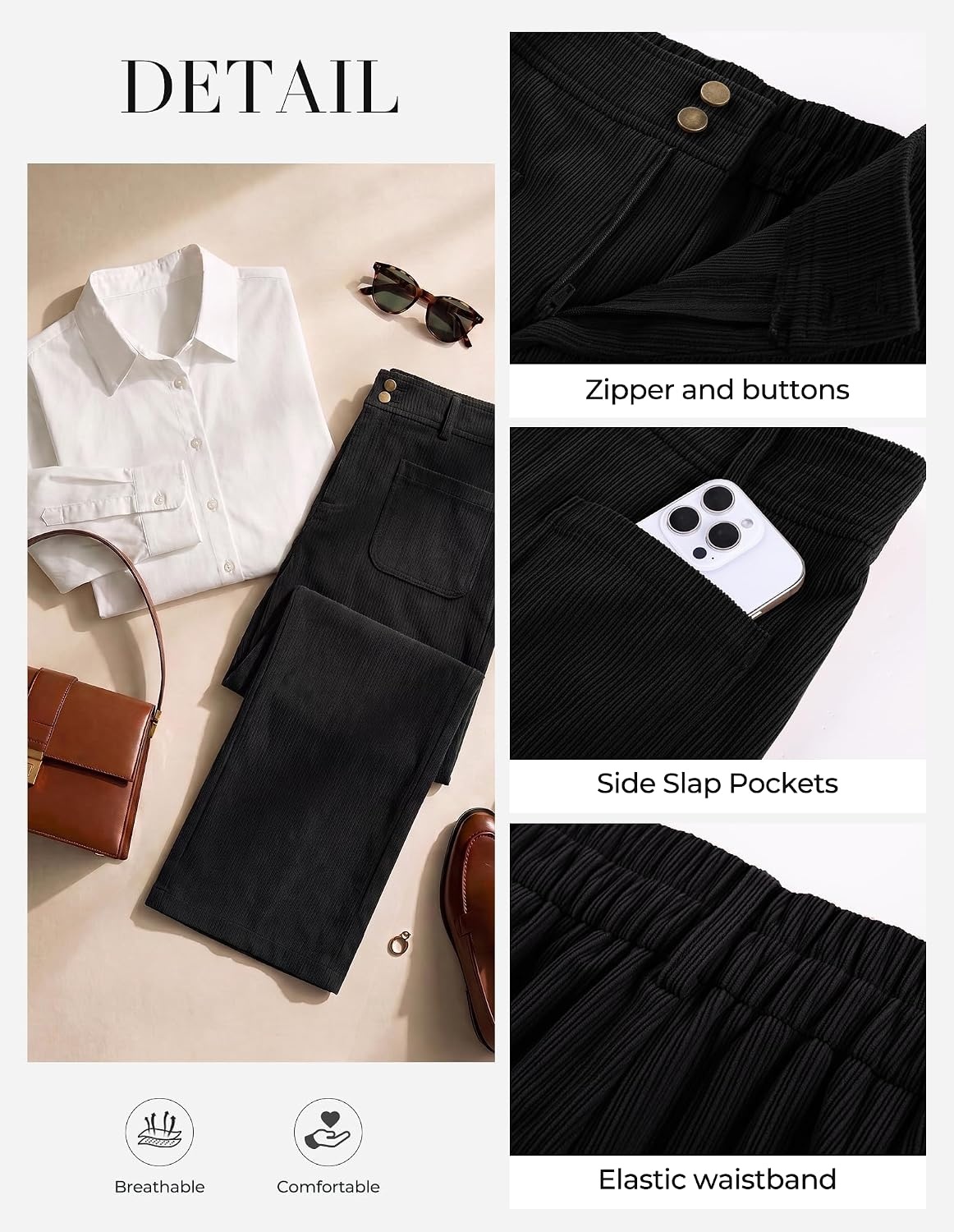 image:imageGRACE KARIN Casual Corduroy Pants for Women 2026 Pencil Trousers Anklelength Cropped High Elastic Waisted Fall Winter Business Office Work Teacher Comfy DoubleButton FlyBlack
