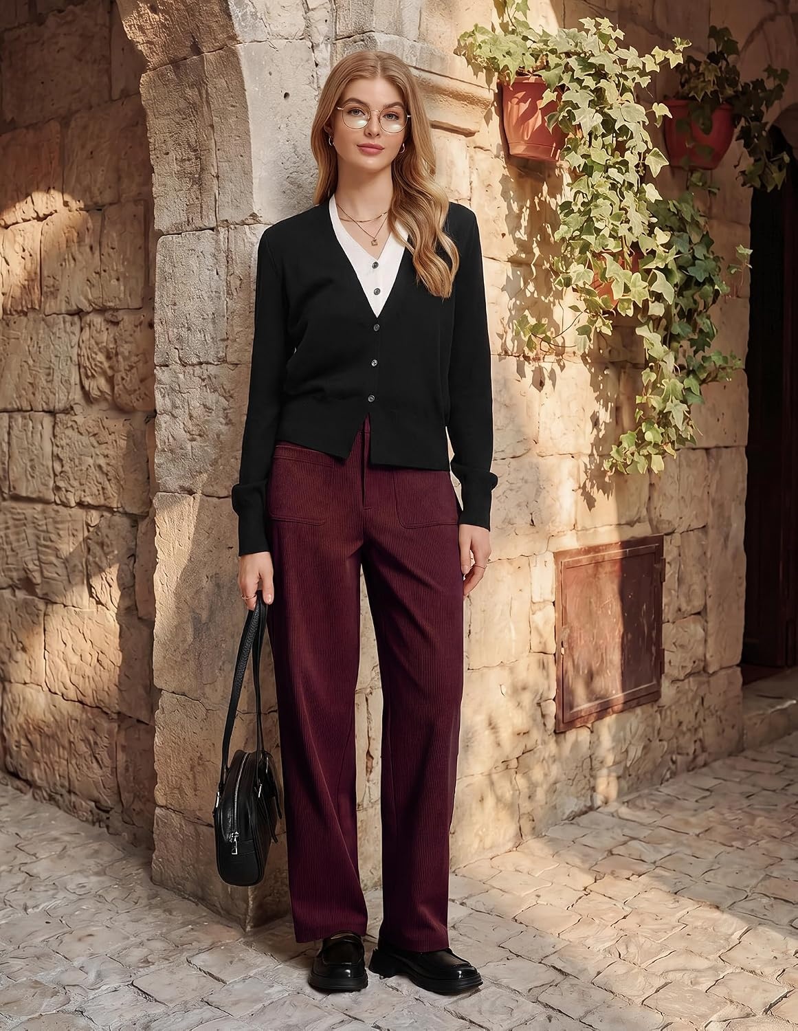 image:imageGRACE KARIN Casual Corduroy Pants for Women 2026 Pencil Trousers Anklelength Cropped High Elastic Waisted Fall Winter Business Office Work Teacher Comfy DoubleButton FlyWine
