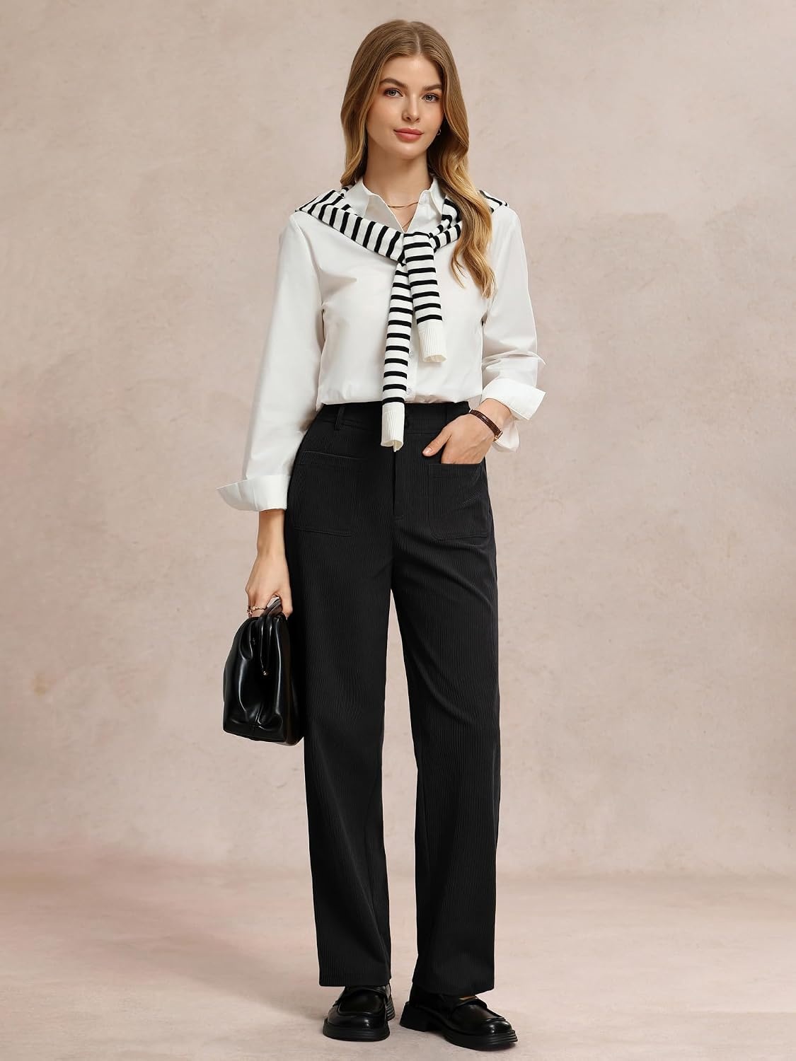 image:imageGRACE KARIN Casual Corduroy Pants for Women 2026 Pencil Trousers Anklelength Cropped High Elastic Waisted Fall Winter Business Office Work Teacher Comfy DoubleButton FlyBlack