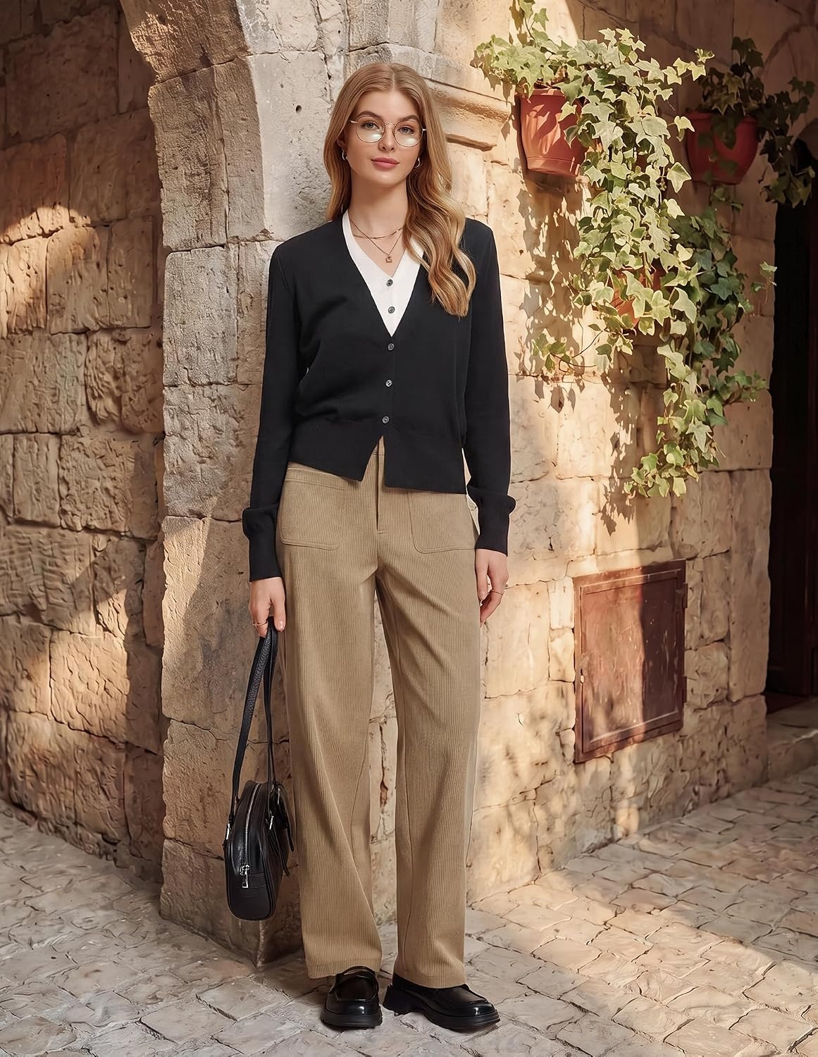 image:imageGRACE KARIN Casual Corduroy Pants for Women 2026 Pencil Trousers Anklelength Cropped High Elastic Waisted Fall Winter Business Office Work Teacher Comfy DoubleButton FlyKhaki