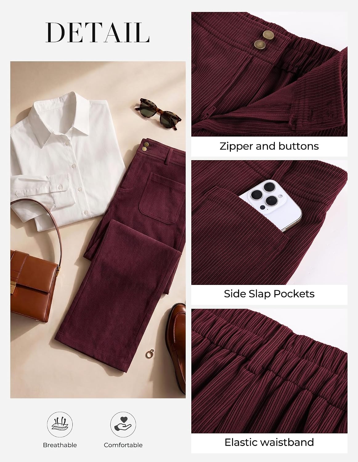 image:imageGRACE KARIN Casual Corduroy Pants for Women 2026 Pencil Trousers Anklelength Cropped High Elastic Waisted Fall Winter Business Office Work Teacher Comfy DoubleButton FlyWine