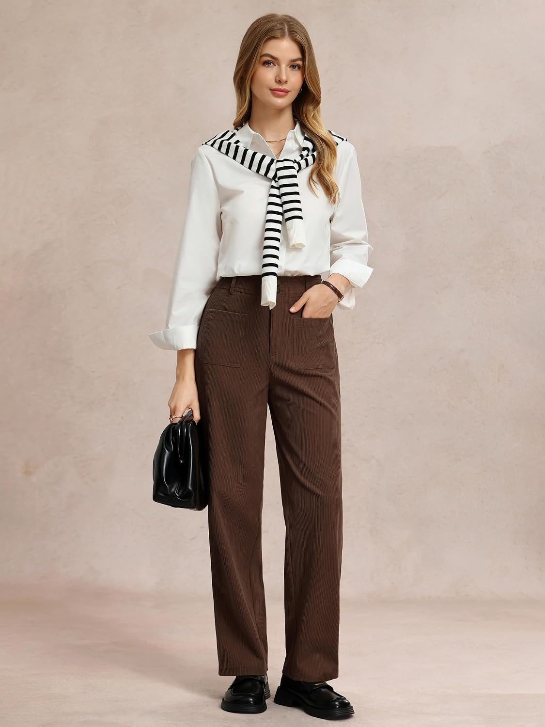 image:imageGRACE KARIN Casual Corduroy Pants for Women 2026 Pencil Trousers Anklelength Cropped High Elastic Waisted Fall Winter Business Office Work Teacher Comfy DoubleButton FlyDark Brown