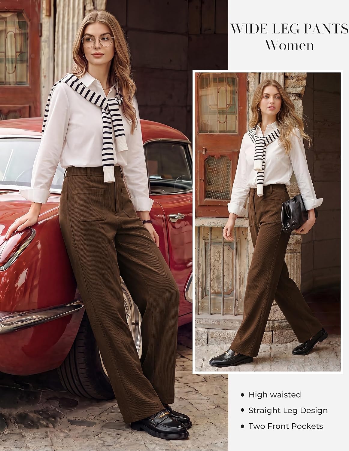 image:imageGRACE KARIN Casual Corduroy Pants for Women 2026 Pencil Trousers Anklelength Cropped High Elastic Waisted Fall Winter Business Office Work Teacher Comfy DoubleButton FlyDark Brown