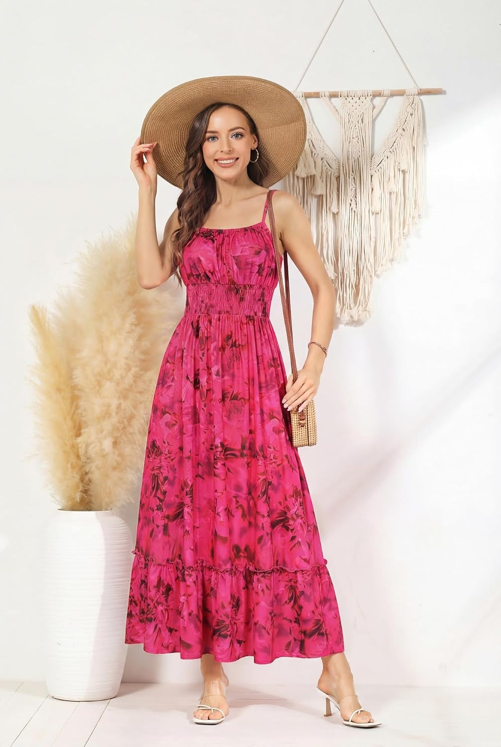 image:imageGRACE KARIN Summer Dresses for Women 2026 Vacation Boho Maxi Sundress Casual Smocked Waist Floral Printed Spaghetti Strap Sleeveless Beach Dresses With Pockets Fashion OutfitsRose Red