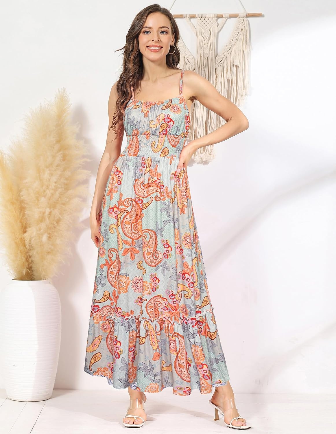 image:imageGRACE KARIN Summer Dresses for Women 2026 Vacation Boho Maxi Sundress Casual Smocked Waist Floral Printed Spaghetti Strap Sleeveless Beach Dresses With Pockets Fashion OutfitsBlue Paisley Floral