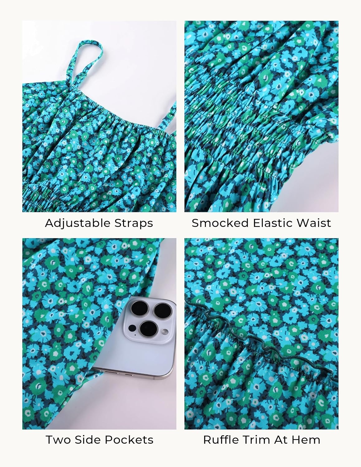image:imageGRACE KARIN Summer Dresses for Women 2026 Vacation Boho Maxi Sundress Casual Smocked Waist Floral Printed Spaghetti Strap Sleeveless Beach Dresses With Pockets Fashion OutfitsGreen Blue