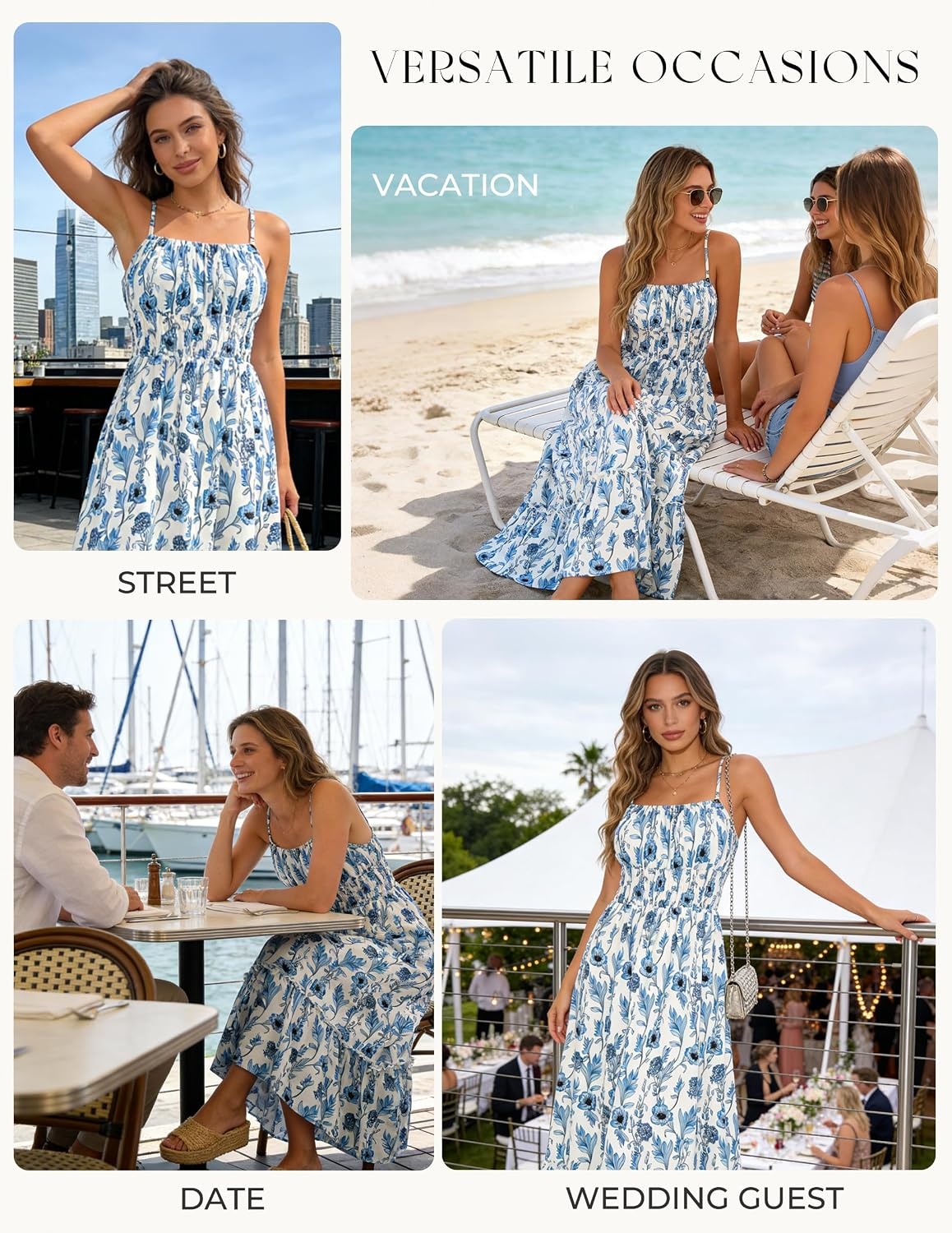 image:imageGRACE KARIN Summer Dresses for Women 2026 Vacation Boho Maxi Sundress Casual Smocked Waist Floral Printed Spaghetti Strap Sleeveless Beach Dresses With Pockets Fashion OutfitsBlue Floral