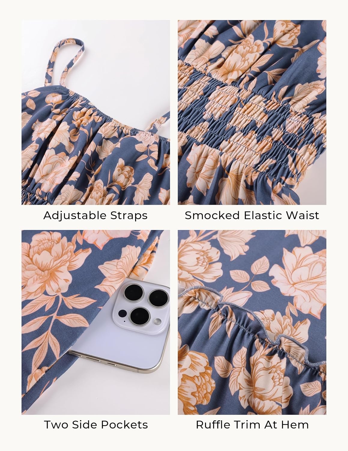 image:imageGRACE KARIN Summer Dresses for Women 2026 Vacation Boho Maxi Sundress Casual Smocked Waist Floral Printed Spaghetti Strap Sleeveless Beach Dresses With Pockets Fashion OutfitsNavy Blue Floral
