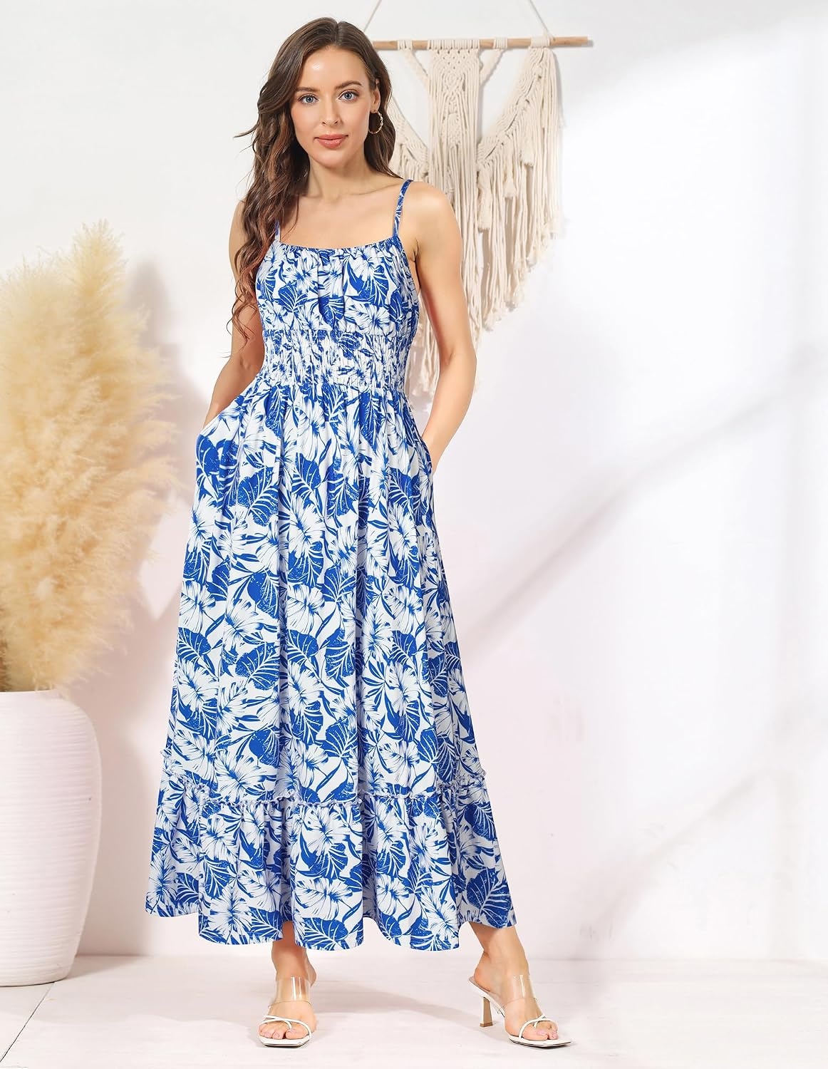 image:imageGRACE KARIN Summer Dresses for Women 2026 Vacation Boho Maxi Sundress Casual Smocked Waist Floral Printed Spaghetti Strap Sleeveless Beach Dresses With Pockets Fashion OutfitsBlue Leaves